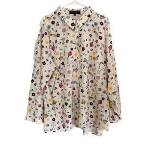 Eloquii Mushroom and Flower Print Shirt Sz 22 Collared Button Up Long Sleeves